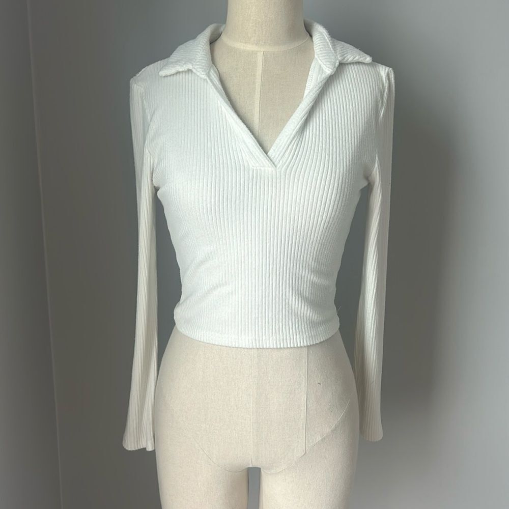 Alter’d State Cropped Collared Ribbed Sweater Top - Cream/White - Women’s Small